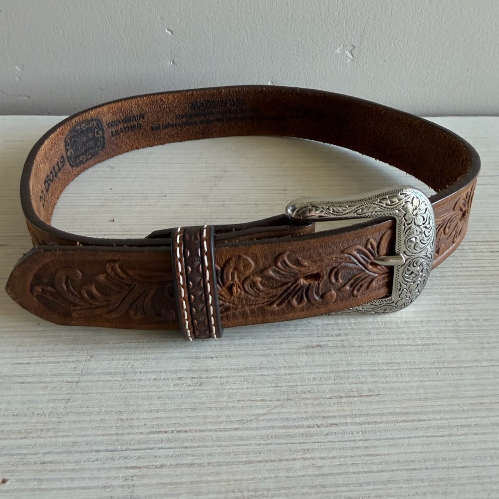 Tony Lama Kids Toddler Tooled Leather Brown Belt with Silver Buckle Cowboy